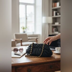 Adrienne Vittadini Black Ruched Leather Bag